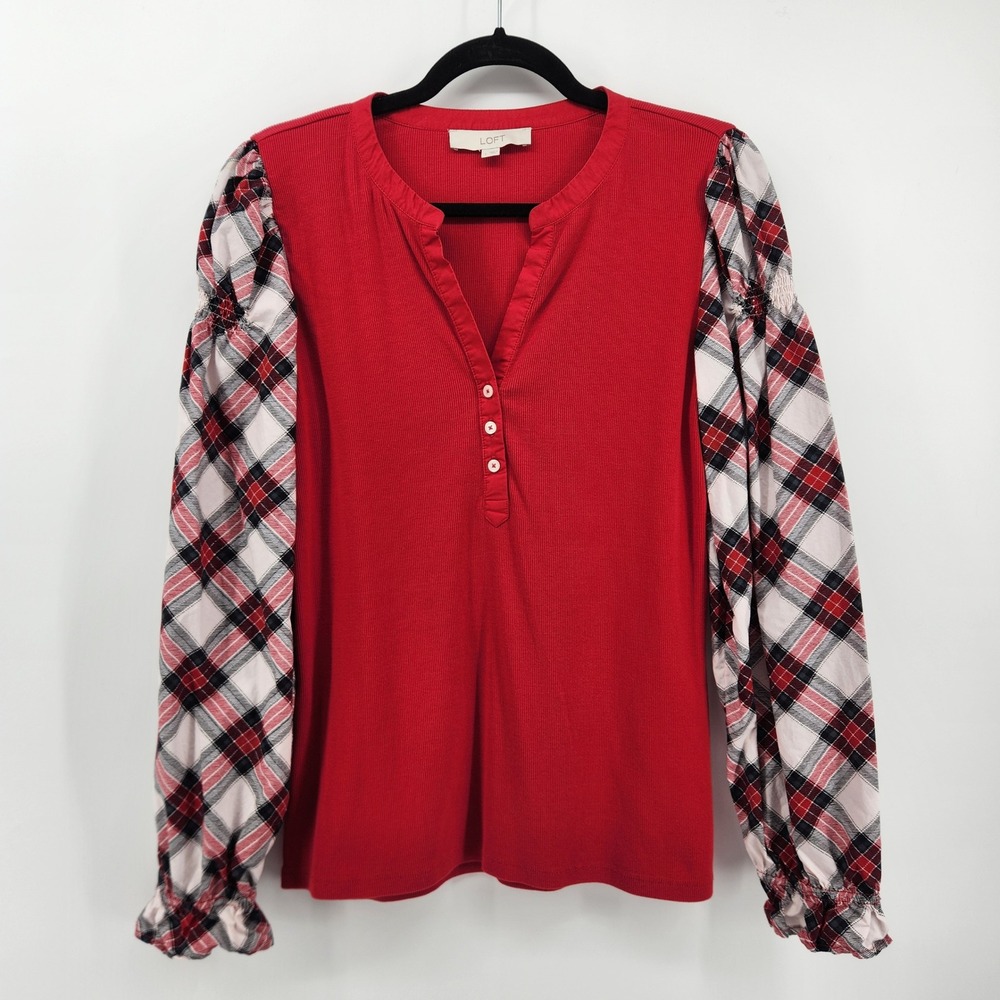 LOFT Red Ribbed Knit Top Plaid Bishop‎ Sleeves Blouse Women's Size L